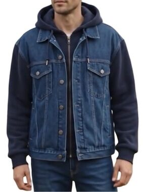🆕 GAP Men’s Jean Jacket Full Zip Faux Sweatshirt Inlay Denim Navy Size XXL